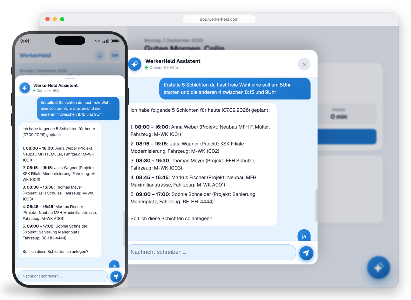 Screenshot der Werkerheld App: KI-Assistent im Chat