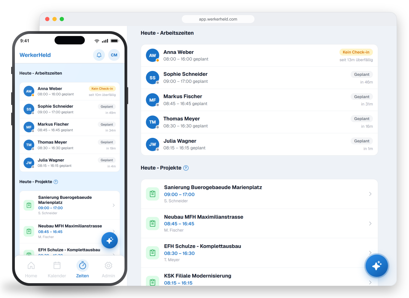 Screenshot der Werkerheld App: laufende Zeiterfassung mit Aktivitäten und Pausen